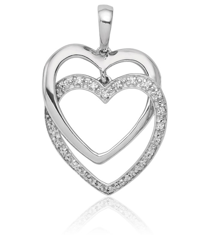 14K Solid White Gold Diamond Double Heart Necklace Love Pendant Charm