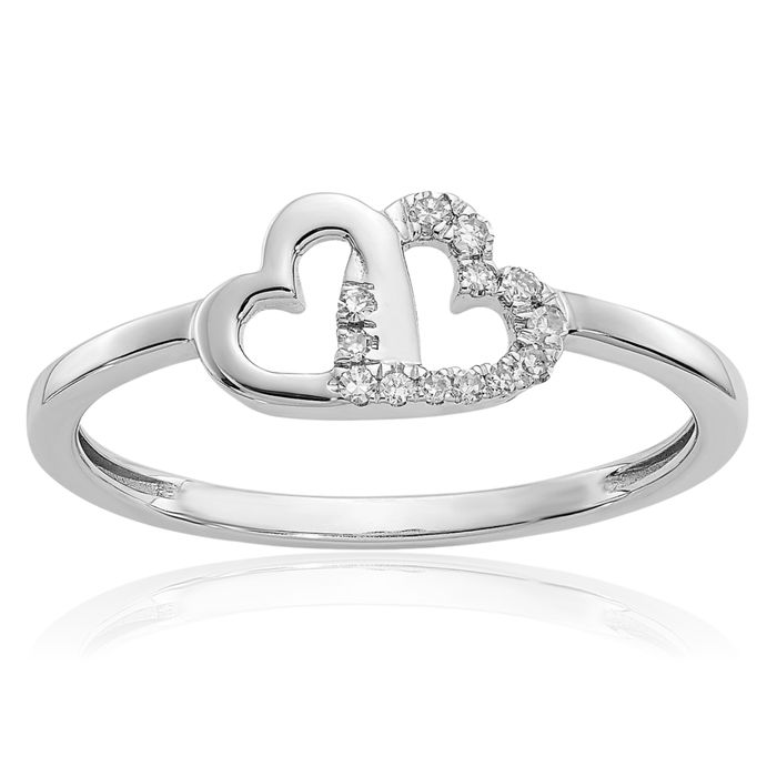 14K Solid White Gold Diamond Double Heart Ring Love Band