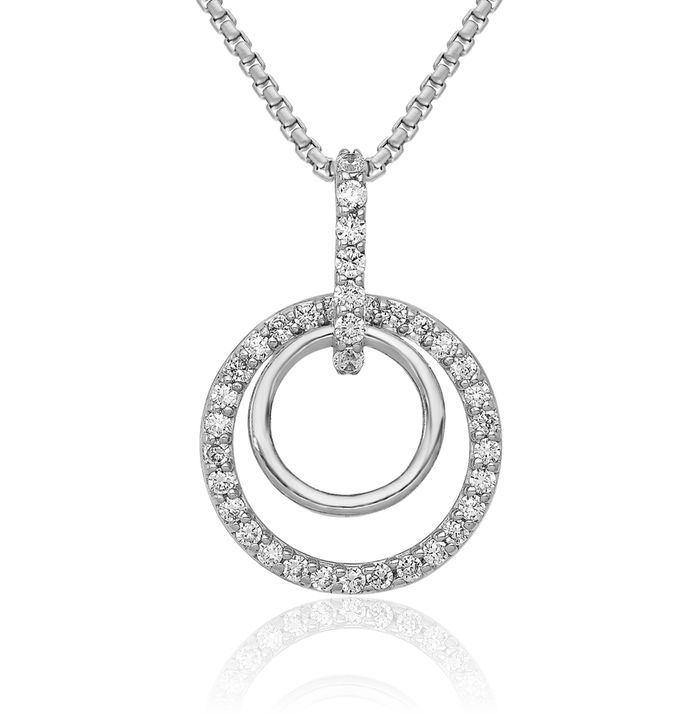 14K Solid White Gold Diamond Double Circle Round Dangling Necklace Chain Pendant Charm