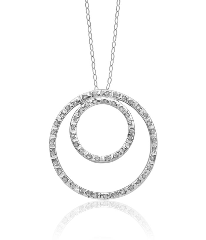 14K Solid White Gold Diamond Double Circle Round Geometric Chain Necklace