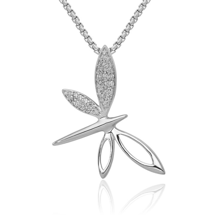 14K Solid White Gold Diamond Dragonfly Floating Chain Slide Pendant Necklace Charm