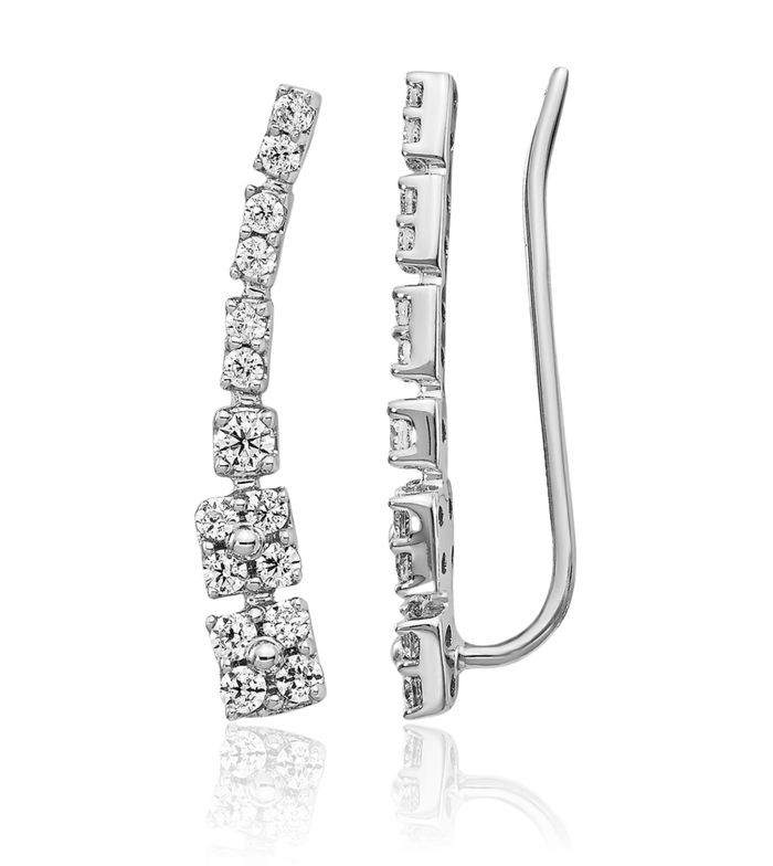 14K Solid White Gold Diamond Ear Climber Drop Dangle Earrings