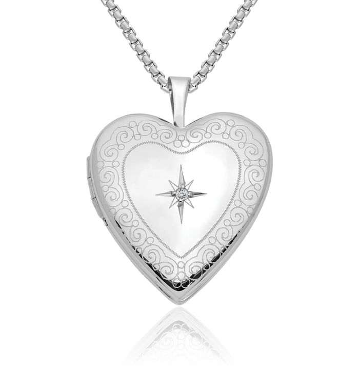 14K Solid White Gold Diamond Side Edge Heart Personalized Photo Locket Necklace Picture Pendant Charm