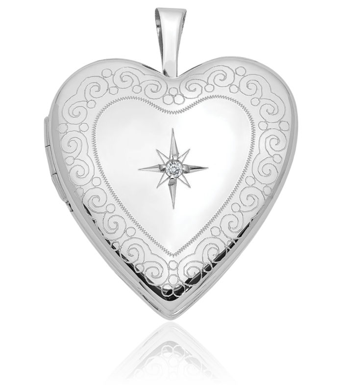 14K Solid White Gold Diamond Side Edge Heart Personalized Photo Locket Necklace Picture Pendant Charm