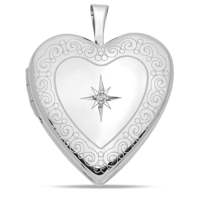 14K Solid White Gold Diamond Side Edge Heart Personalized Photo Locket Necklace Picture Pendant Charm