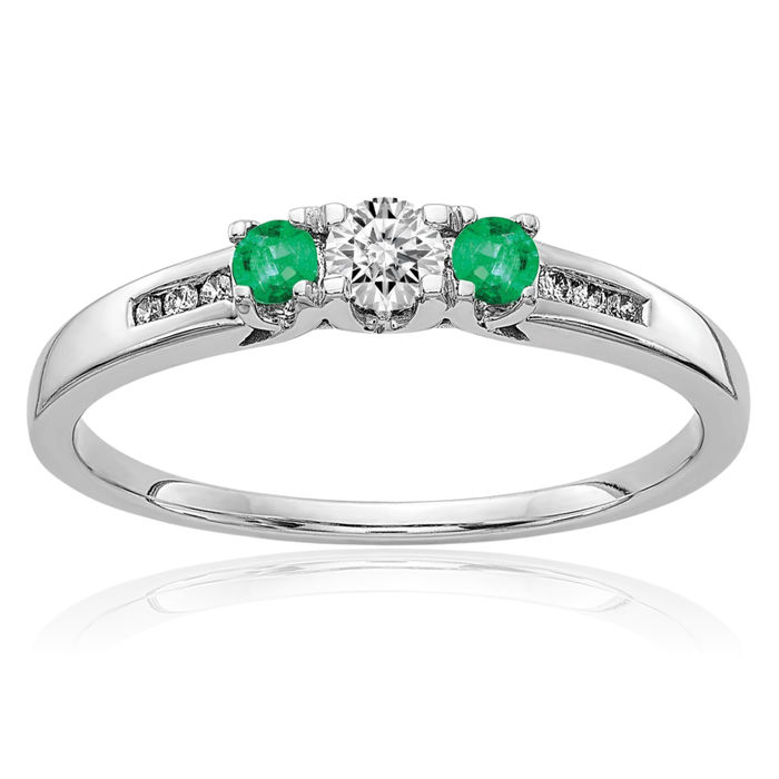 14K Solid White Gold Diamond Green Emerald 3 Stone Ring Gemstone Band May Birthstone Jewelry