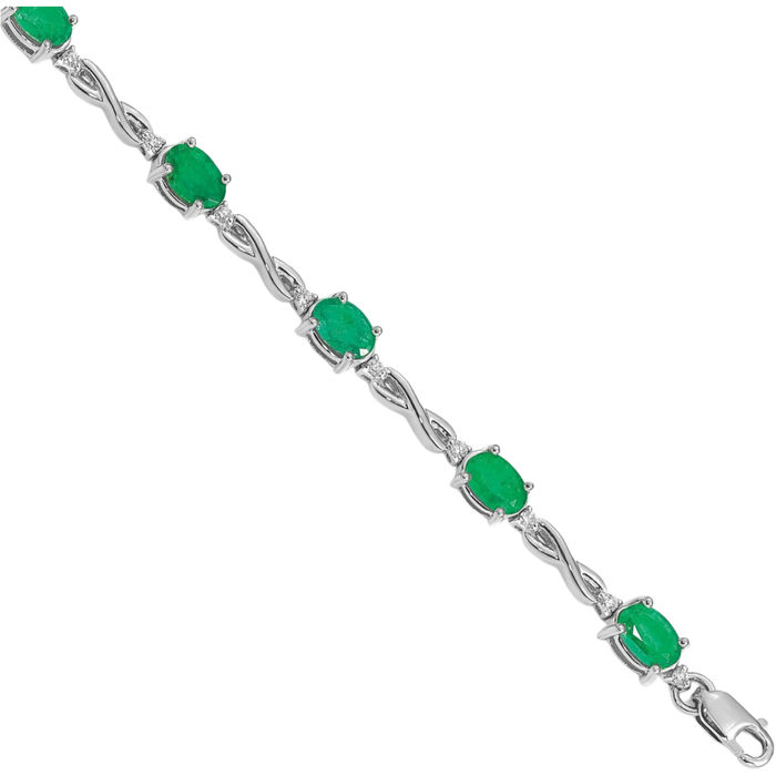 14K Solid White Gold Diamond Green Emerald Chain Tennis Charm Bracelet