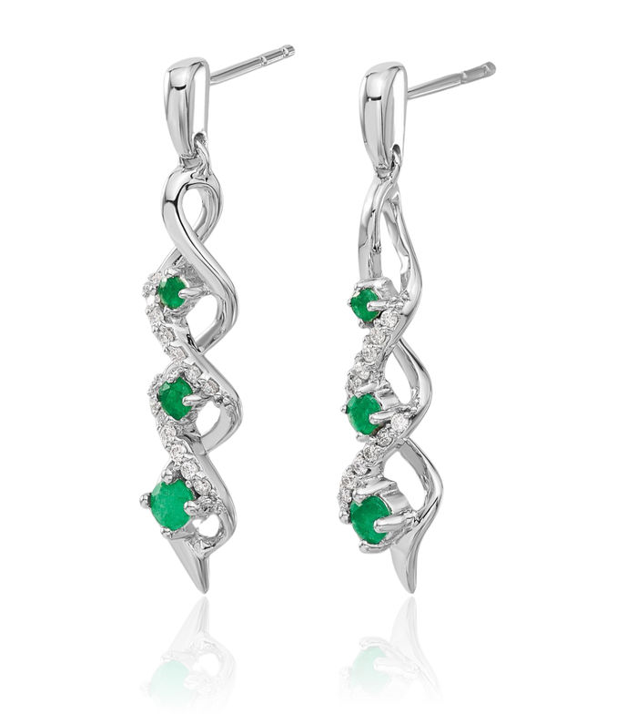 14K Solid White Gold Diamond Green Emerald Post Drop Dangle Earrings Gemstone Push Back May Birthstone Jewelry