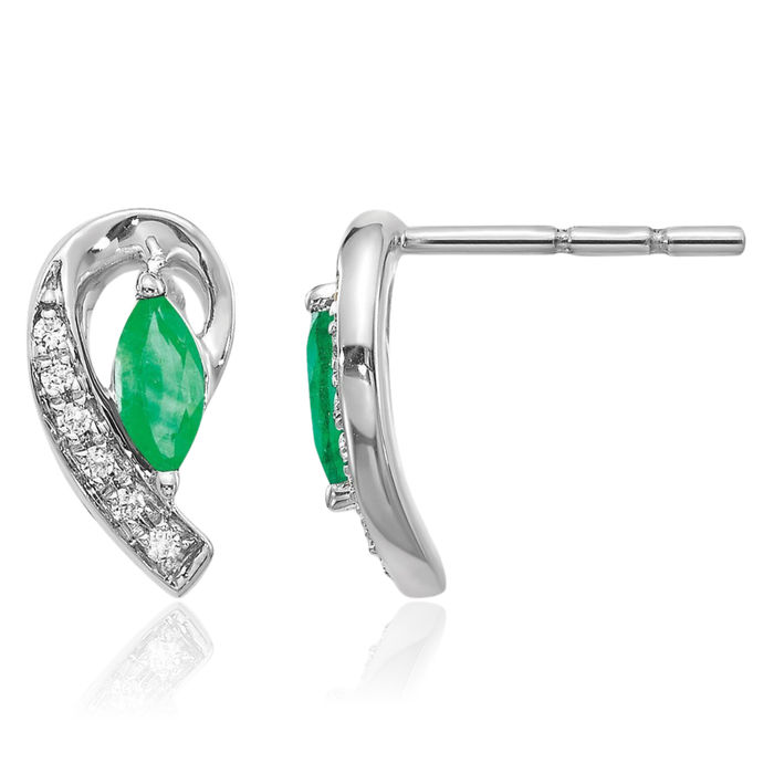 14K Solid White Gold Diamond Green Emerald Drop Dangle Earrings Gemstone Post Push Back