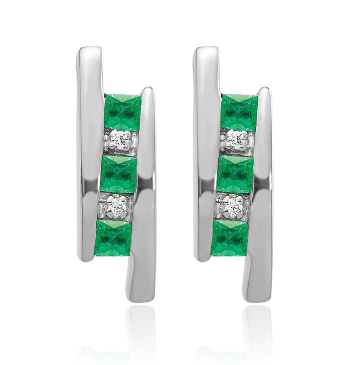 14K Solid White Gold Diamond Green Emerald Line Bar Drop Dangle Earrings Gemstone Post Push Back May Birthstone Jewelry