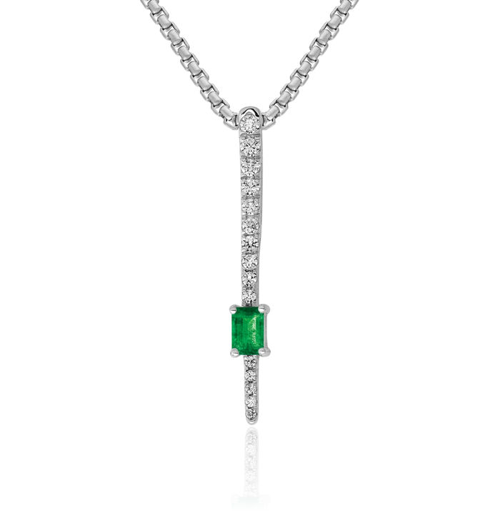 14K Solid White Gold Diamond Green Emerald Floating Chain Slide Gemstone Pendant Necklace Charm