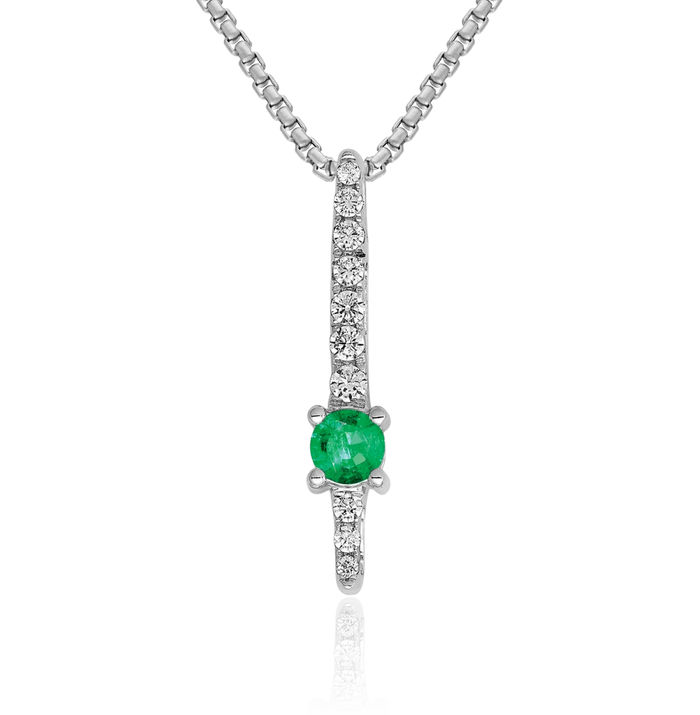 14K Solid White Gold Diamond Green Emerald Floating Chain Slide Gemstone Pendant Necklace Charm