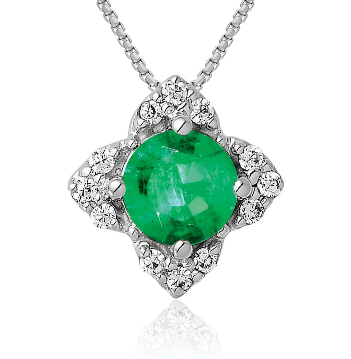 14K Solid White Gold Diamond Green Emerald Floating Chain Slide Pendant Necklace Gemstone Charm