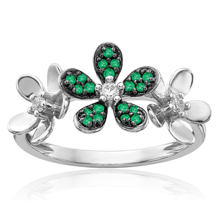14K Solid White Gold Diamond Green Emerald Flower Ring Gemstone Band May Birthstone Jewelry