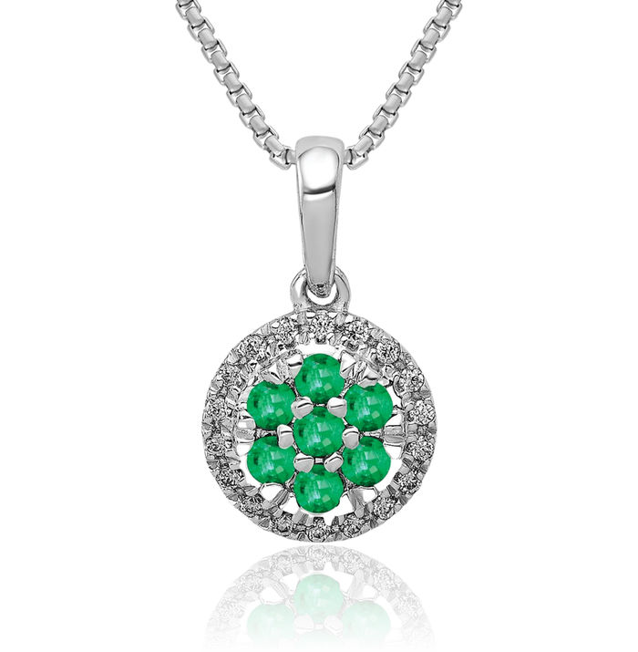 14K Solid White Gold Diamond Green Emerald Halo Round Circle Necklace Gemstone Pendant Charm