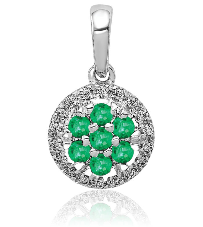 14K Solid White Gold Diamond Green Emerald Halo Round Circle Necklace Gemstone Pendant Charm