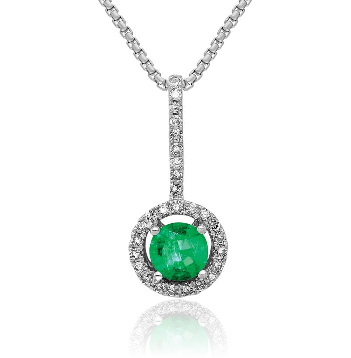 14K Solid White Gold Diamond Green Emerald Halo Round Necklace Gemstone Pendant Charm