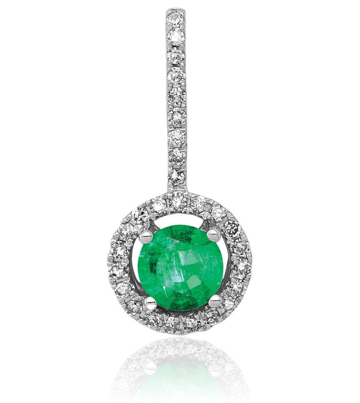 14K Solid White Gold Diamond Green Emerald Halo Round Necklace Gemstone Pendant Charm