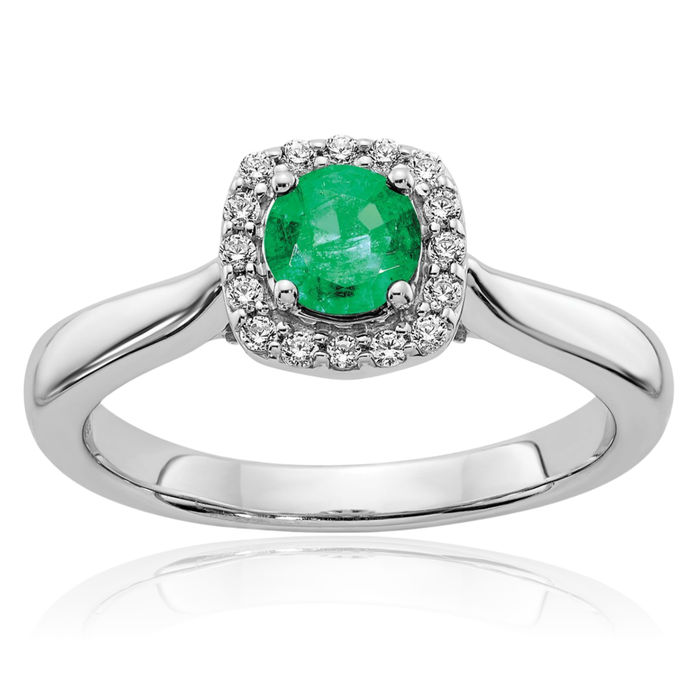 14K Solid White Gold Diamond Green Emerald Halo Round Ring Gemstone Band May Birthstone Jewelry