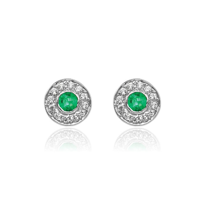 14K Solid White Gold Diamond Green Emerald Halo Round Studs Gemstone Earrings