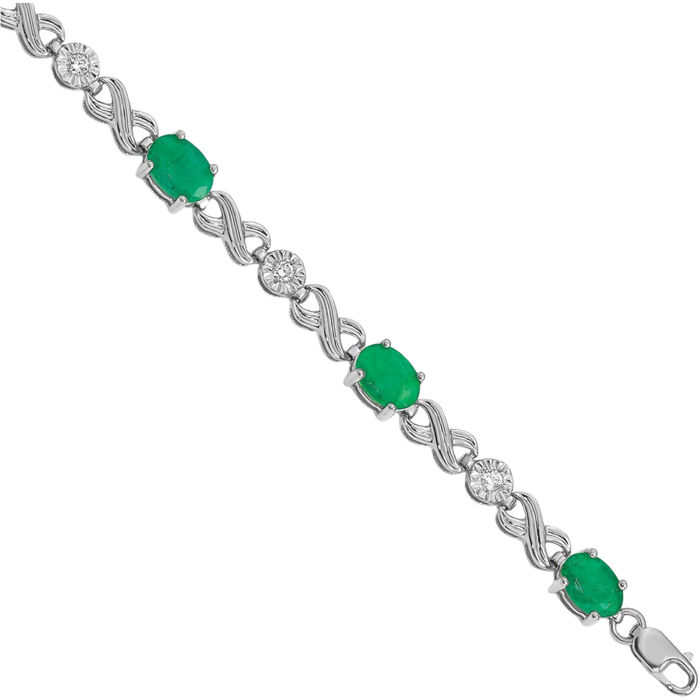 14K Solid White Gold Diamond Green Emerald Infinity Twisted Love Knot Symbol Chain Charm Bracelet