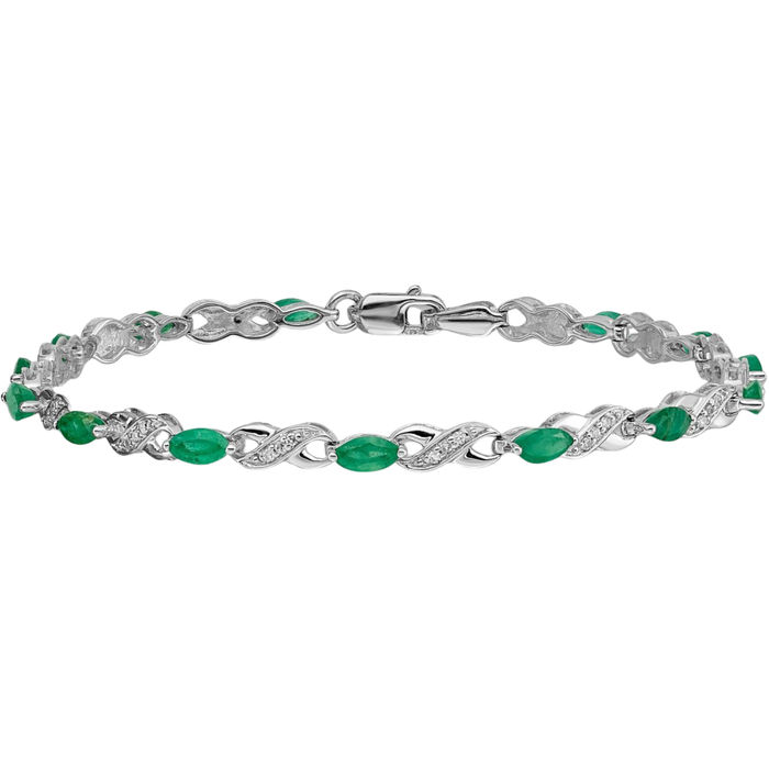 14K Solid White Gold Diamond Green Emerald Infinity Twisted Love Knot Symbol Chain Charm Bracelet