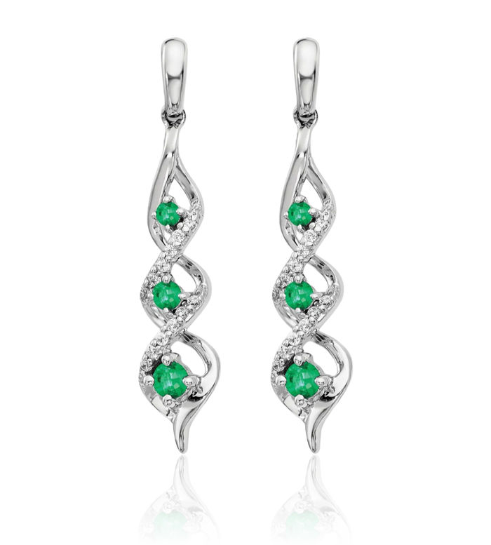 14K Solid White Gold Diamond Green Emerald Post Drop Dangle Earrings Gemstone Push Back May Birthstone Jewelry