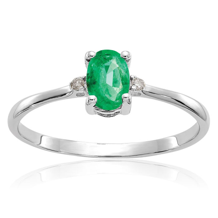 14K Solid White Gold Diamond Green Emerald Ring Gemstone Band April May Birthstone Jewelry