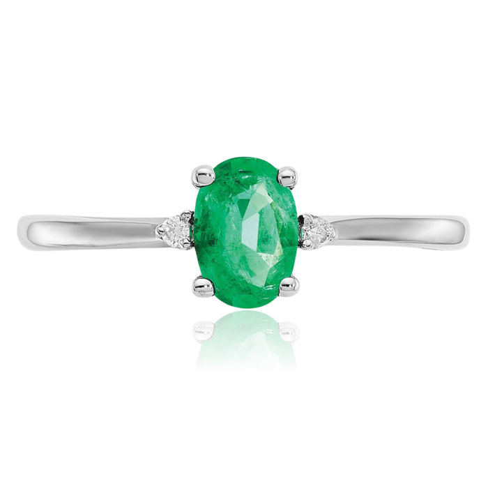 14K Solid White Gold Diamond Green Emerald Ring Gemstone Band April May Birthstone Jewelry