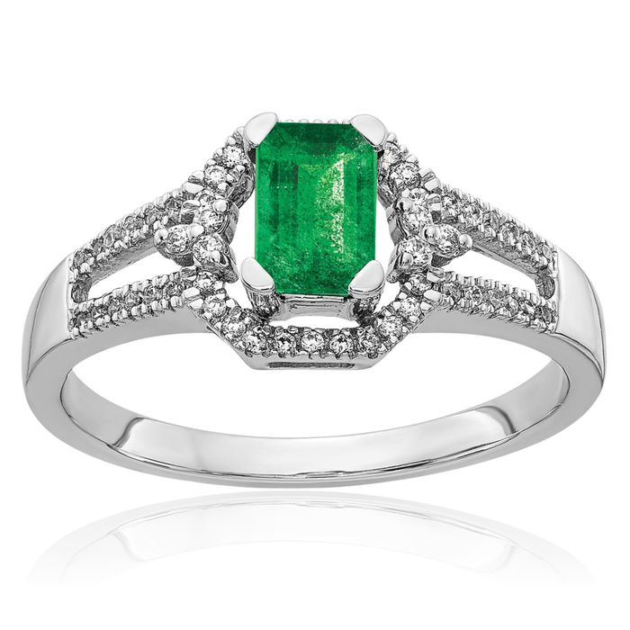 14K Solid White Gold Diamond Green Emerald Ring Gemstone Band May Birthstone Jewelry