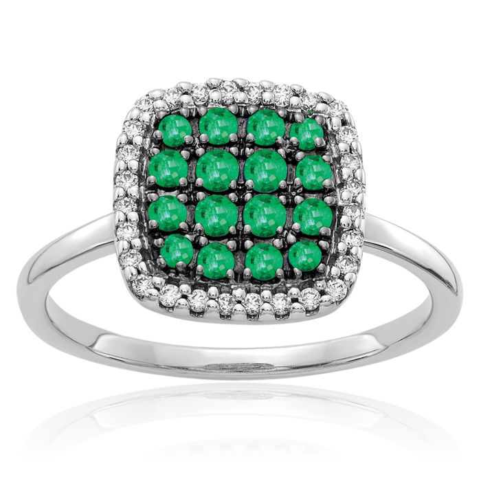 14K Solid White Gold Diamond Green Emerald Ring Gemstone Band May Birthstone Jewelry