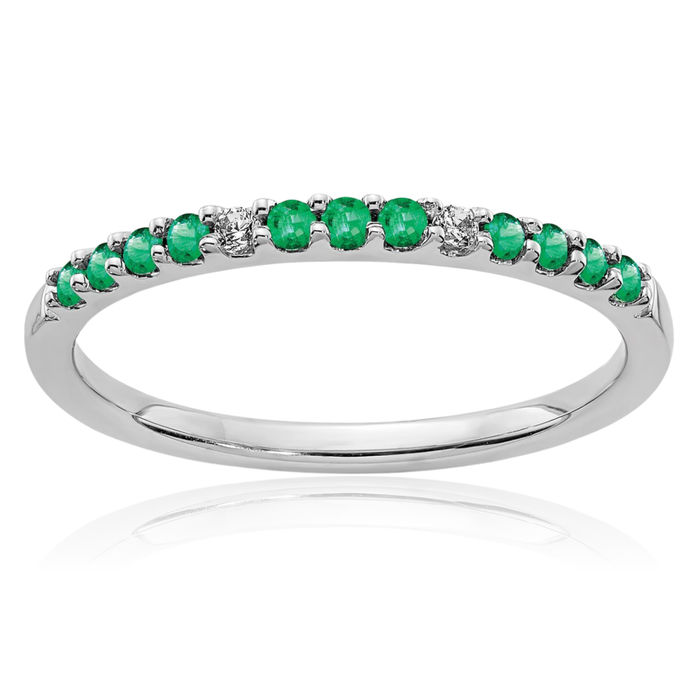 14K Solid White Gold Diamond Green Emerald Ring Gemstone Band May Birthstone Jewelry