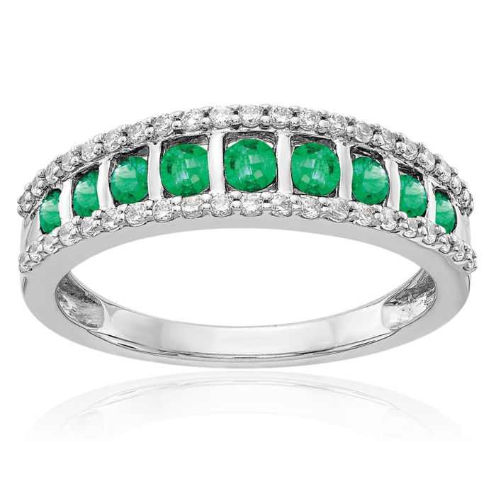 14K Solid White Gold Diamond Green Emerald Ring Gemstone Band May Birthstone Jewelry