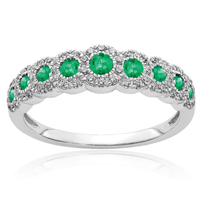 14K Solid White Gold Diamond Green Emerald Ring Gemstone Band May Birthstone Jewelry