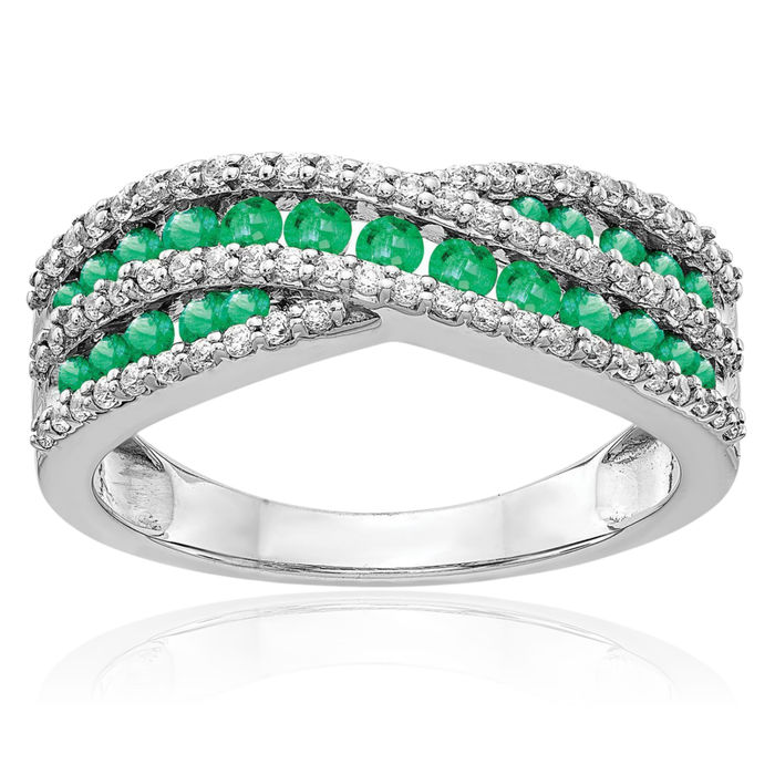 14K Solid White Gold Diamond Green Emerald Ring Gemstone Band May Birthstone Jewelry