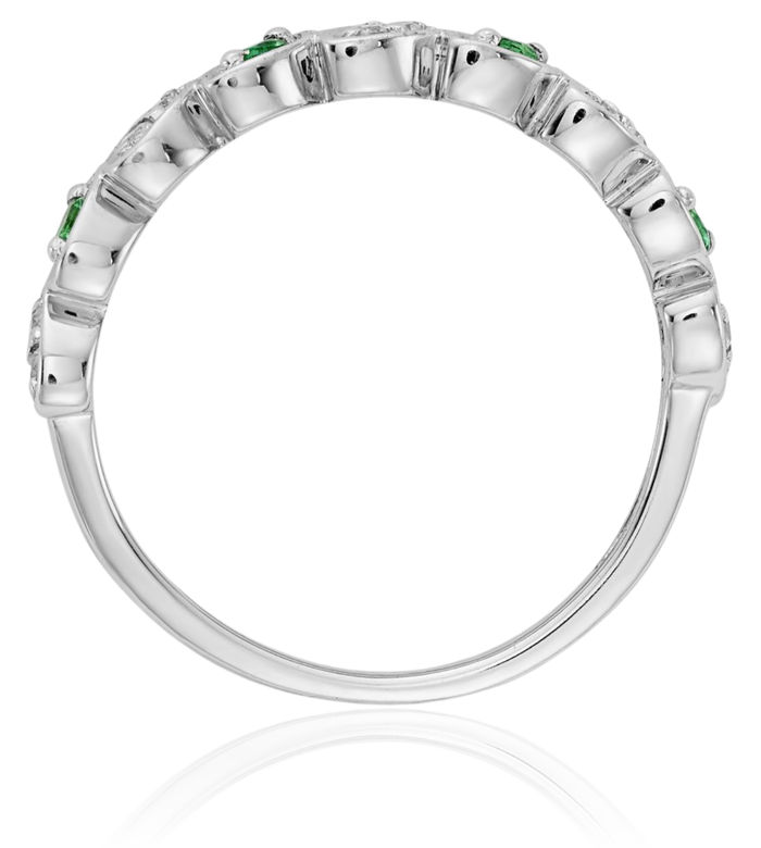 14K Solid White Gold Diamond Green Emerald Ring Gemstone Band May Birthstone Jewelry