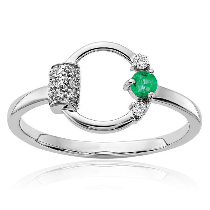 14K Solid White Gold Diamond Green Emerald Circle Round Ring Gemstone Band May Birthstone Jewelry