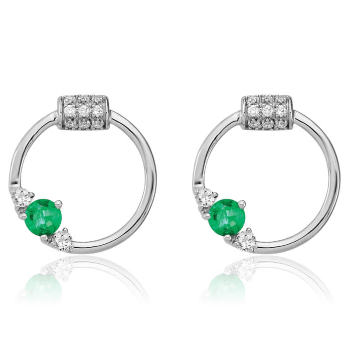 14K Solid White Gold Diamond Green Emerald Circle Round Studs Gemstone Earrings