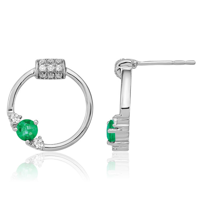 14K Solid White Gold Diamond Green Emerald Circle Round Studs Gemstone Earrings