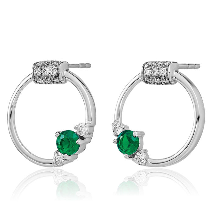 14K Solid White Gold Diamond Green Emerald Circle Round Studs Gemstone Earrings