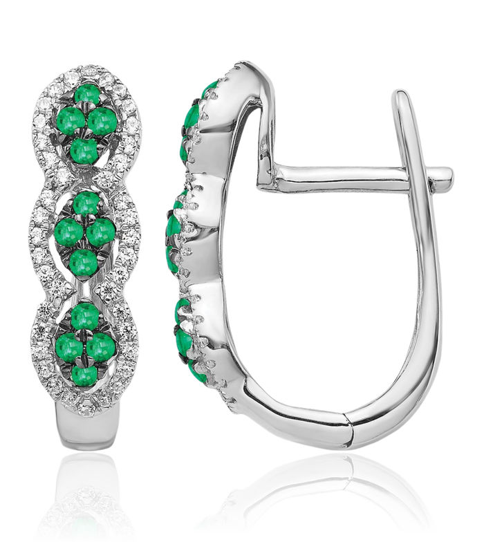 14K Solid White Gold Diamond Green Emerald Small Hoop Earrings Gemstone Hoops