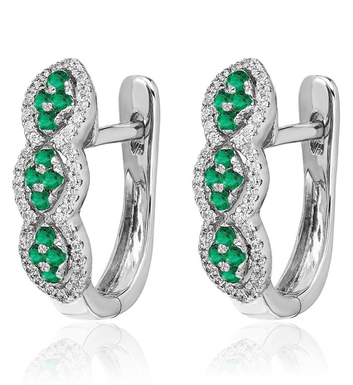 14K Solid White Gold Diamond Green Emerald Small Hoop Earrings Gemstone Hoops