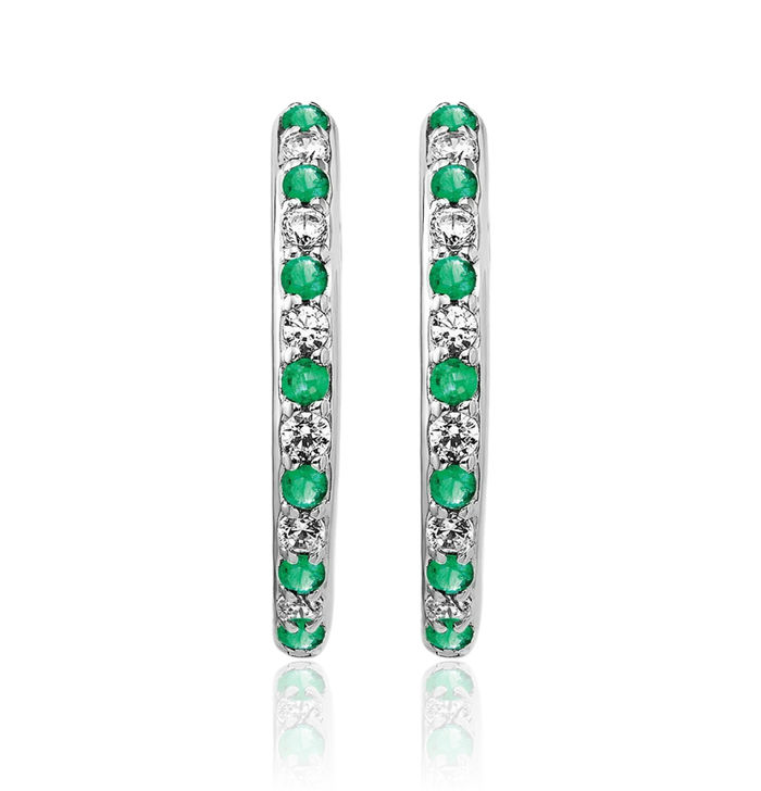 14K Solid White Gold Diamond Green Emerald Small Hoop Earrings Gemstone Hoops