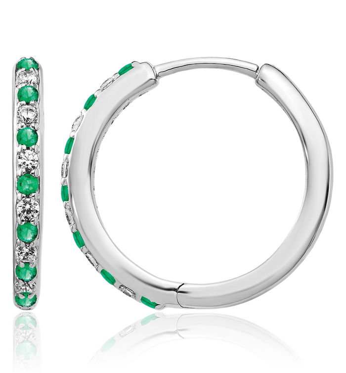 14K Solid White Gold Diamond Green Emerald Small Hoop Earrings Gemstone Hoops