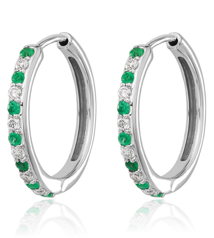 14K Solid White Gold Diamond Green Emerald Small Hoop Earrings Gemstone Hoops