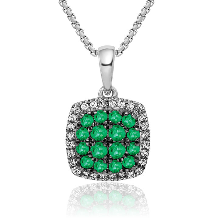 14K Solid White Gold Diamond Green Emerald Square Halo Round Necklace Gemstone Pendant Charm