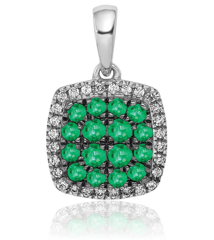 14K Solid White Gold Diamond Green Emerald Square Halo Round Necklace Gemstone Pendant Charm