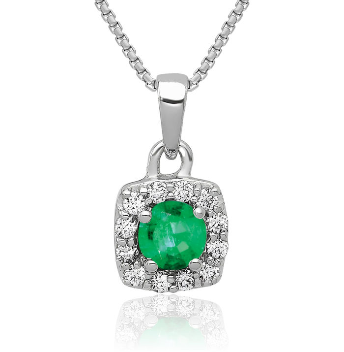 14K Solid White Gold Diamond Green Emerald Square Halo Round Necklace Gemstone Pendant Charm