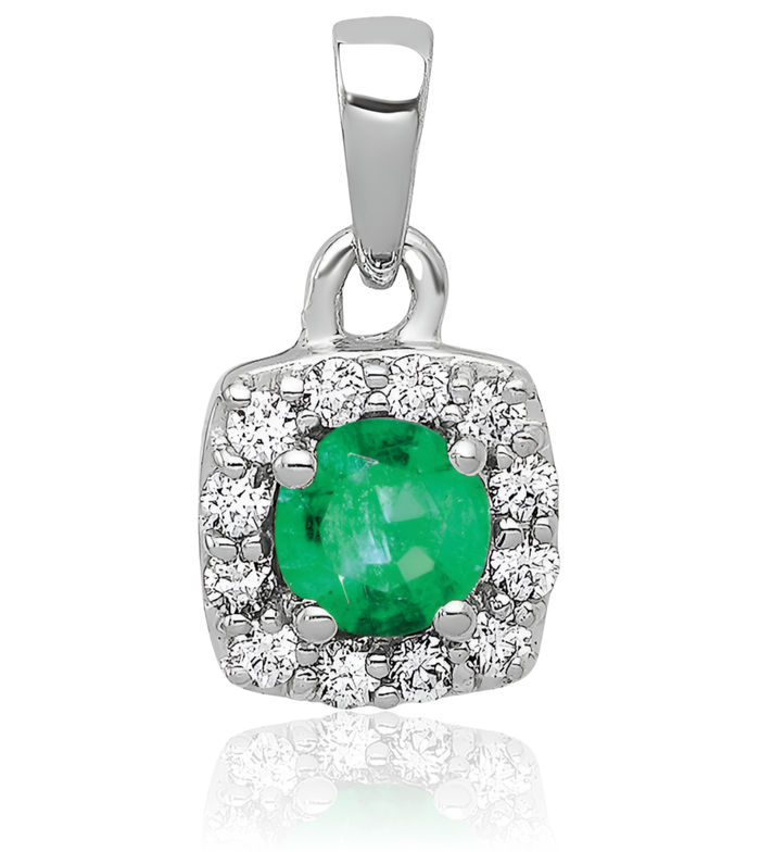 14K Solid White Gold Diamond Green Emerald Square Halo Round Necklace Gemstone Pendant Charm