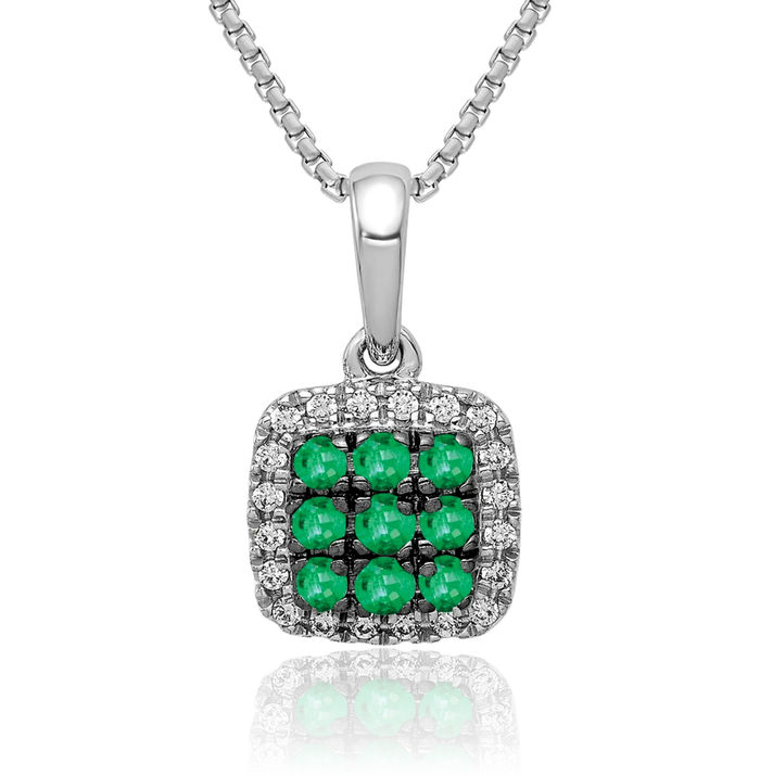 14K Solid White Gold Diamond Green Emerald Square Halo Round Necklace Gemstone Pendant Charm